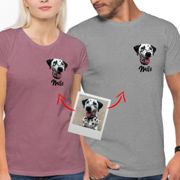 Personalized dog head portrait shirt with a name. Male and female models.