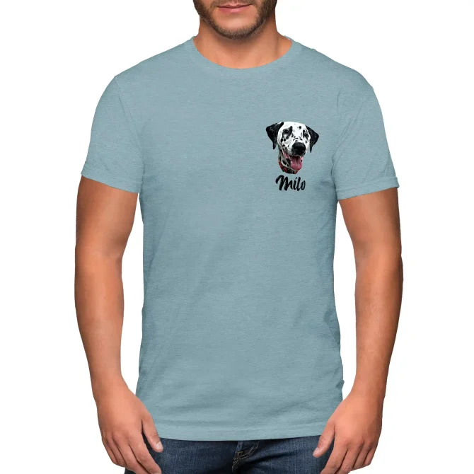 Personalized dog head portrait shirt with a name. Man model.