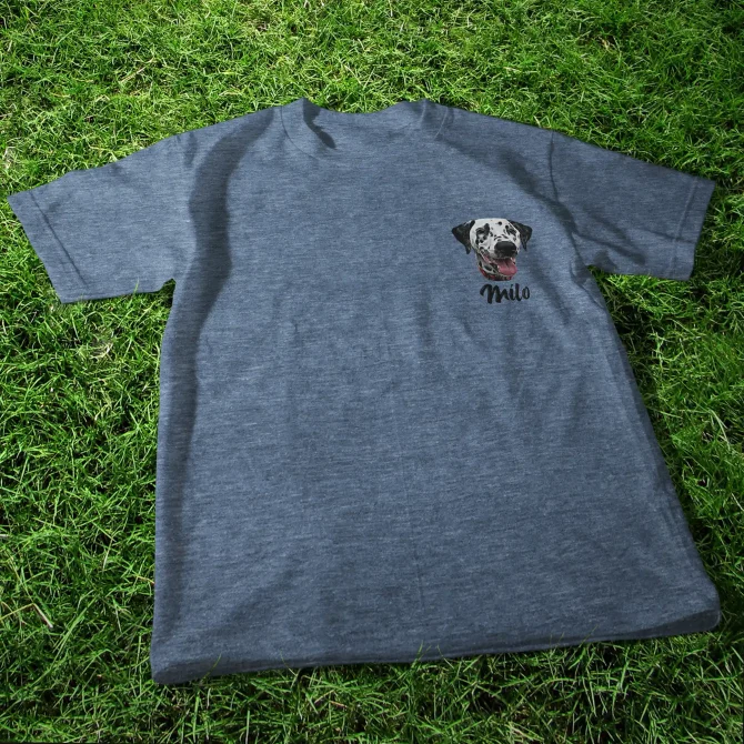 Personalized dog head portrait shirt with a name.