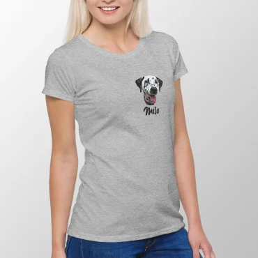 Personalized dog head portrait shirt with a name. Female model.