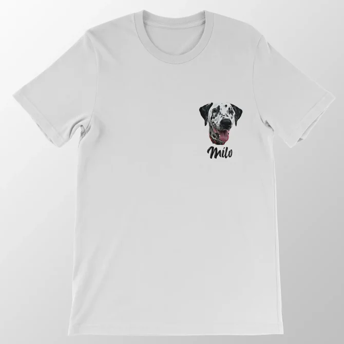 Personalized dog head portrait shirt with a name.