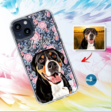 Custom Dog Portrait Phone Case - Floral - Clear