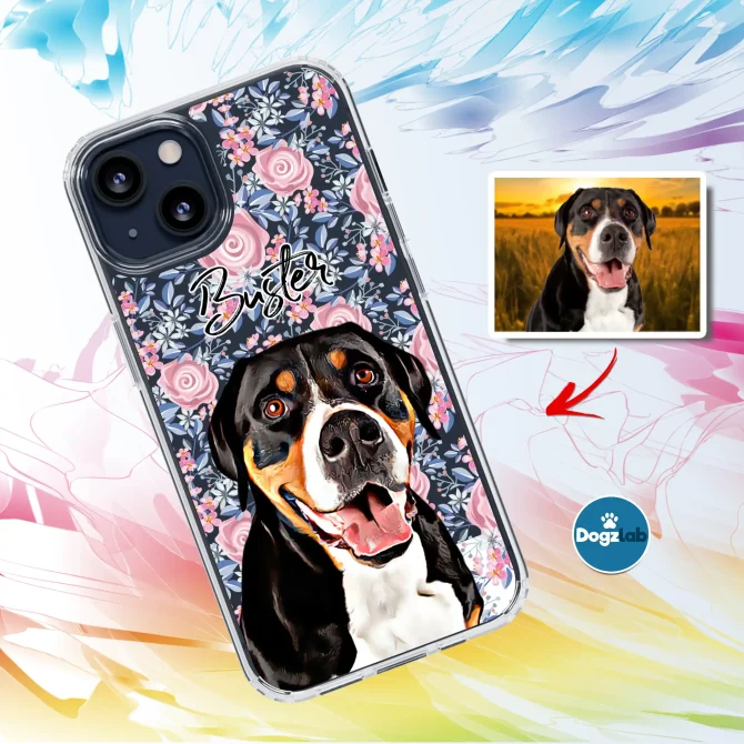 Custom Dog Portrait Phone Case - Floral - Clear